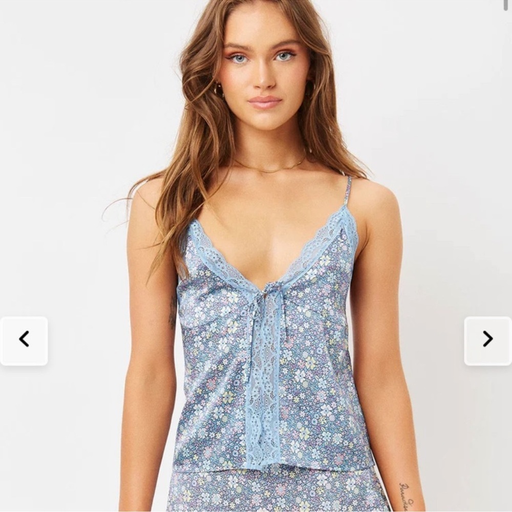 Frankie’s Bikinis Blue Floral Lace Trim Cami and Skirt Set